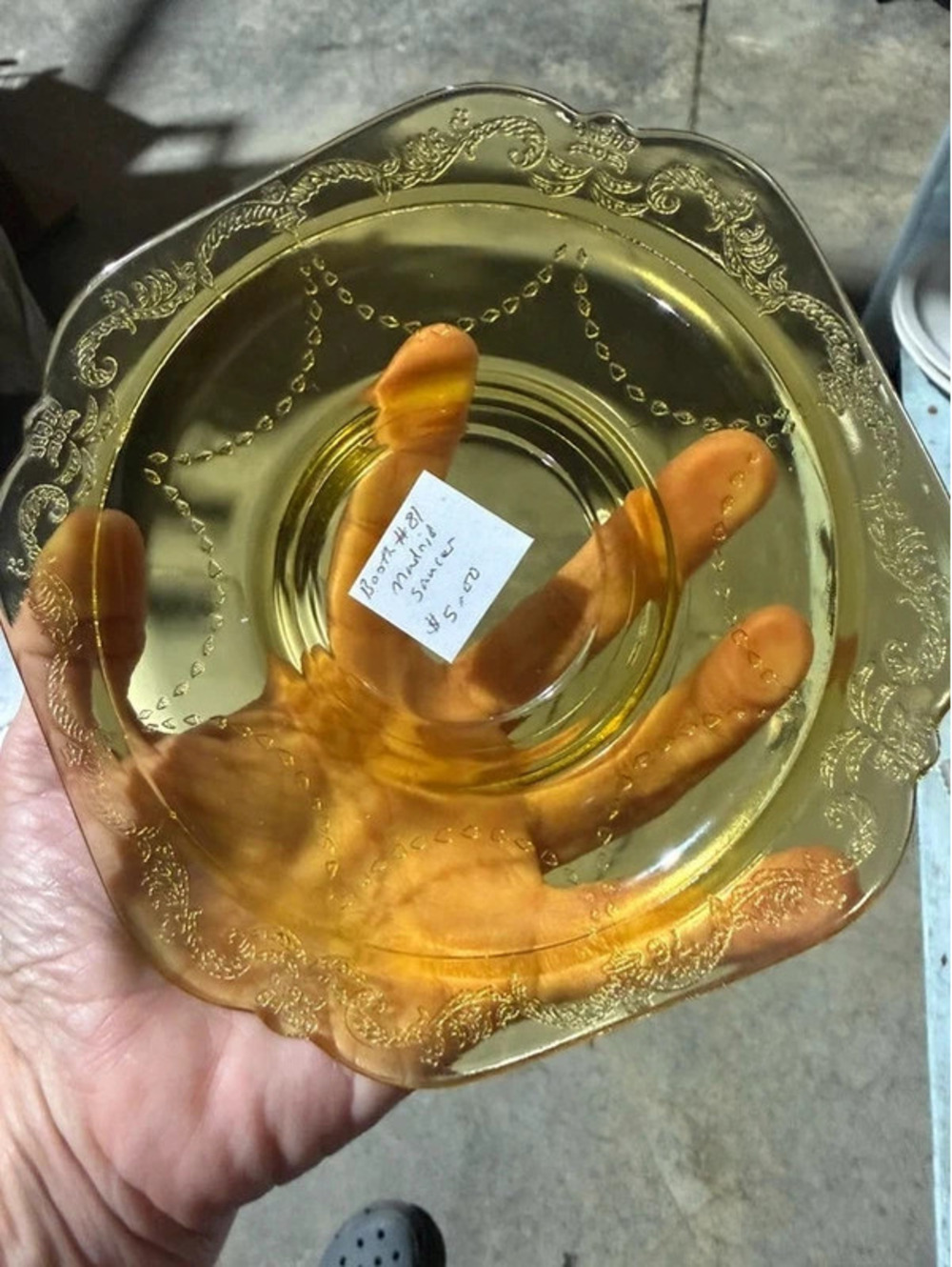 vintage amber yellow Federal Glass Madrid pattern square depression glass saucer
